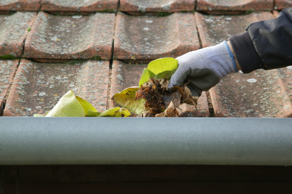 hand clearing gutters